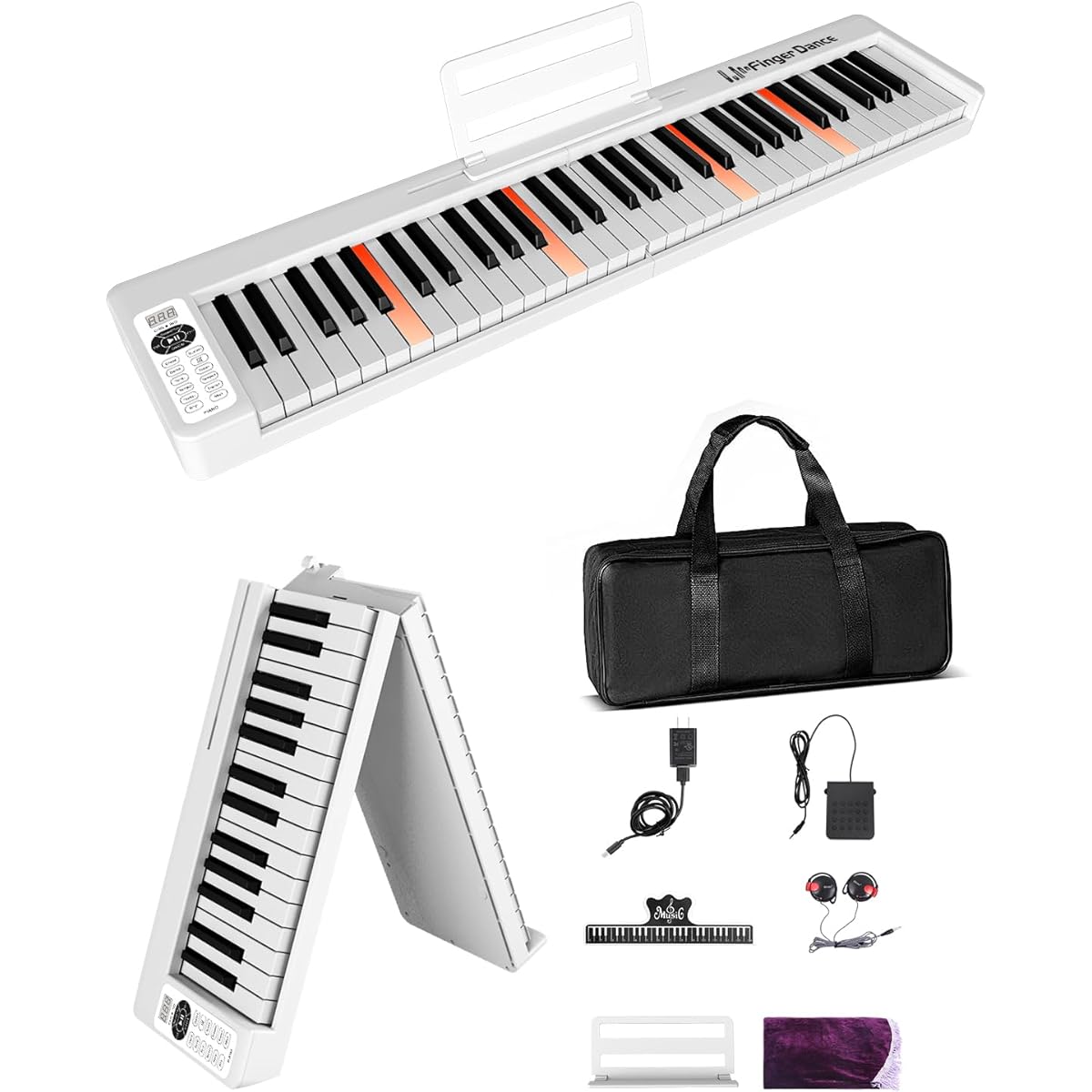 F-X11-61 Key Electronic Piano Keyboard 61 Keys Foldable Portable Wireless MIDI Compatible Beginners Adults Semi-Weighted (Compact Lamp Included, White)