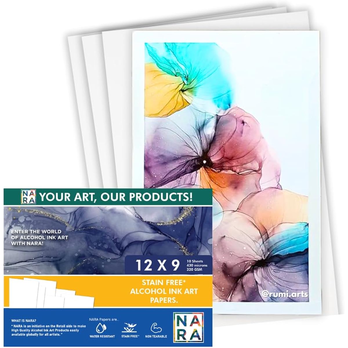 NARA Alcohol Ink Paper | Alcohol Ink Art Painting Paper | 12" x 9" (12" x 9") | 430 Micron/ 320GSM | Heavy Paper | 10 Sheets | 100% Stain Free