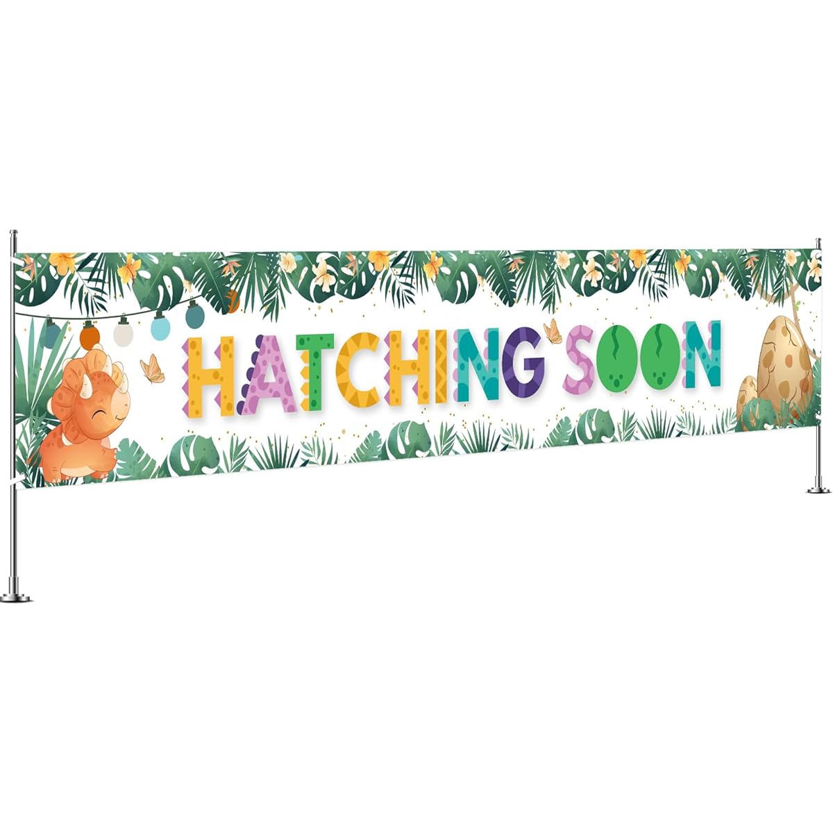 INNORU Large Hatching Backdrop, Welcome Baby Dinosaur Party Lawn Sign Baby 1st Birthday Dinosaur Yard Banner Baby Shower Party Indoor Outdoor Decoration Supplies 9 x 1.5 ft