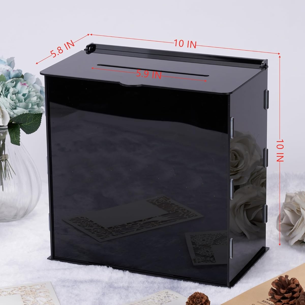 WHSLILR 10" Acrylic Wedding Card Box, Large Card Box for Wedding Reception, DIY Wedding Envelopes, Money Memory Box for Party, Graduation, Birthday, Baby Shower Decorations ACB003-Black-WZ