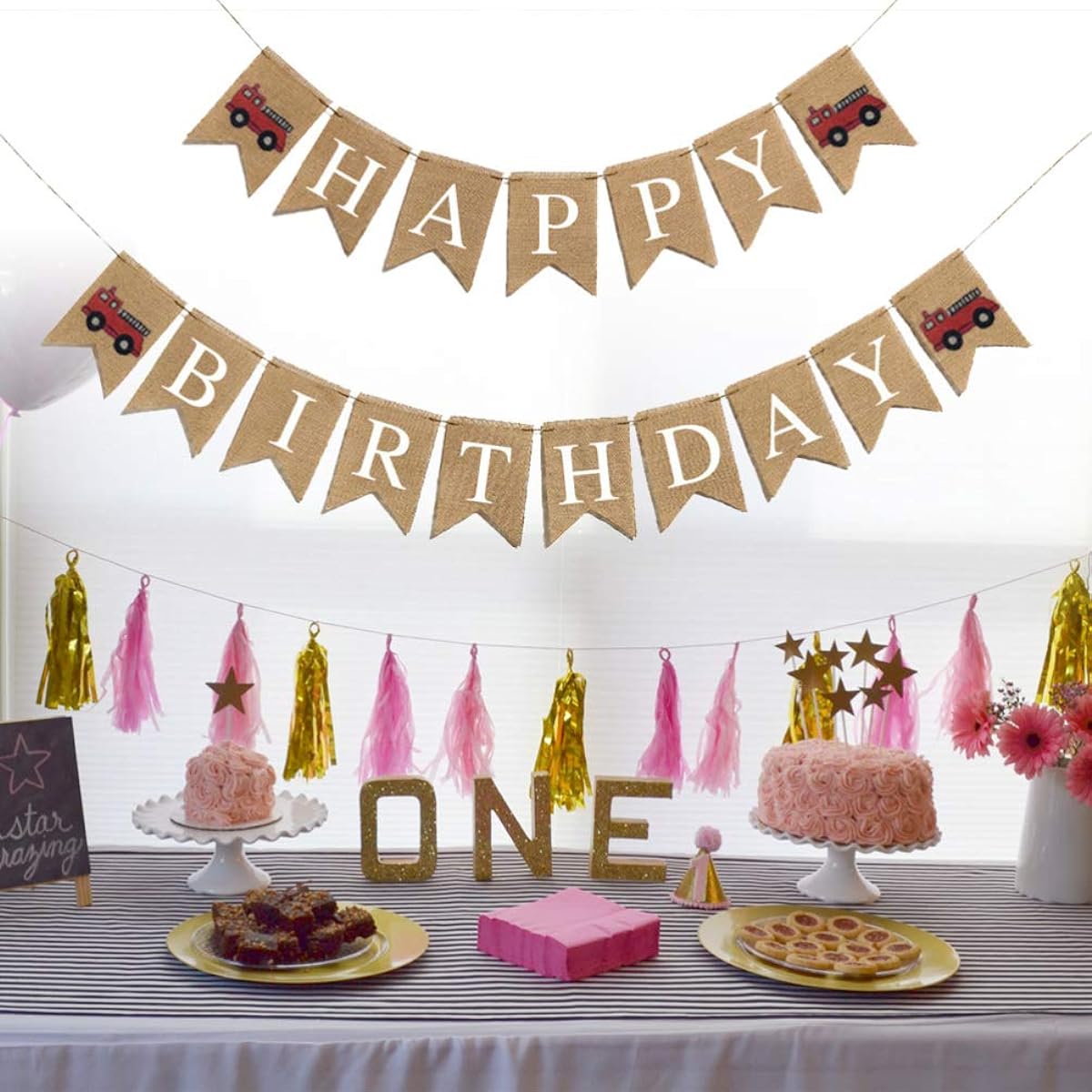 Amosfun Fire Truck Happy Birthday Burlap Banner Firefighter Fireman Party Theme Decorations