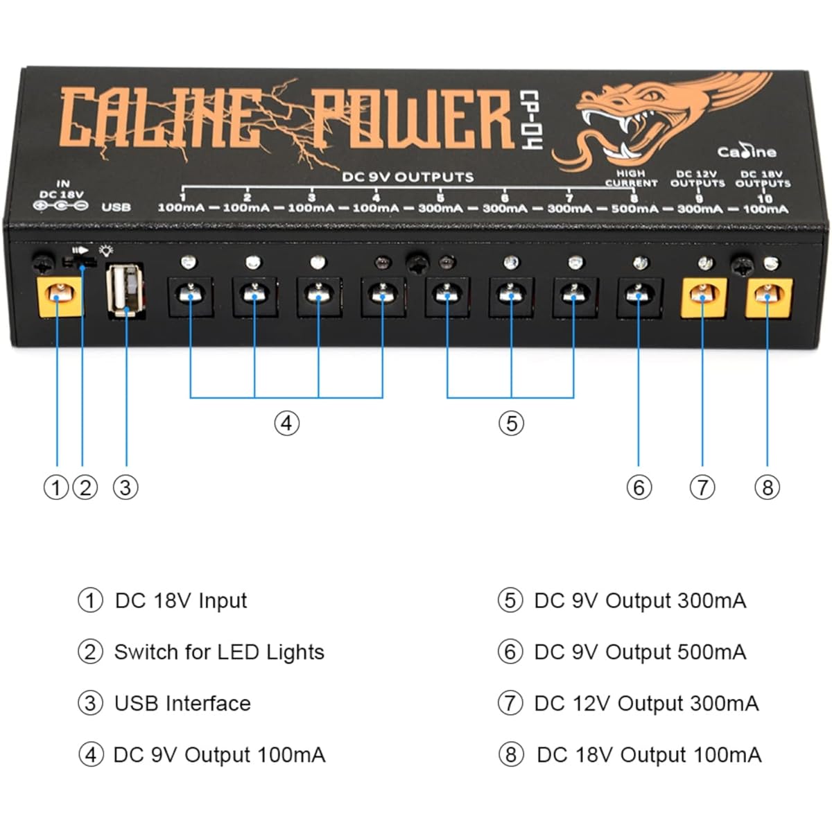Caline CP-04 Guitar Pedal Power Supply DC10 Output for 9V/12V/18V Effect Pedal