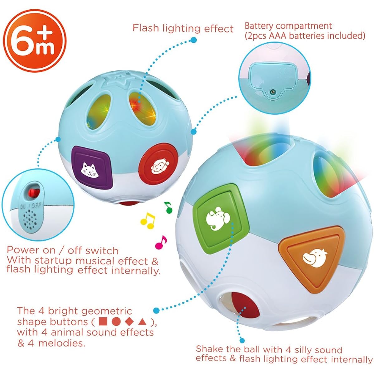 LotFancy Red Baby Music Flashlight for Toddlers Learning Ball Toys with Crawling Moving Animal Sounds and Interactive Fun Crawling Rolling Rattle Toy for Kids Sensory Ball Toys 0-24 Months Includes Batteries