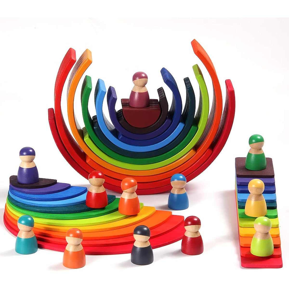 Wooden Rainbow Stacker Set - Rainbow Stacking Toy Set with Rainbow Stacker, Half Circle, Building Board, Peg People, Balls - Waldorf Educational Open End Stacking Toy - Great as a Gift