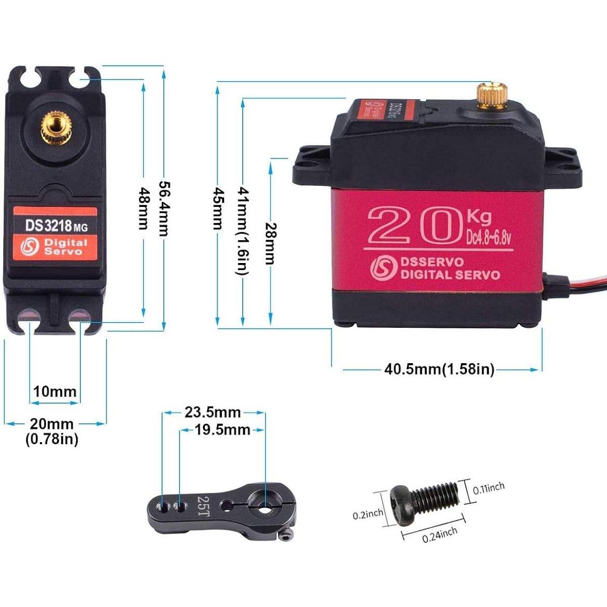 RCmall 4PCS Set DS3218 Waterproof 20KG Digital Servo Full Metal Digital Steering Servo with 25T Servo Arm for RC (270°) [Parallel Import]