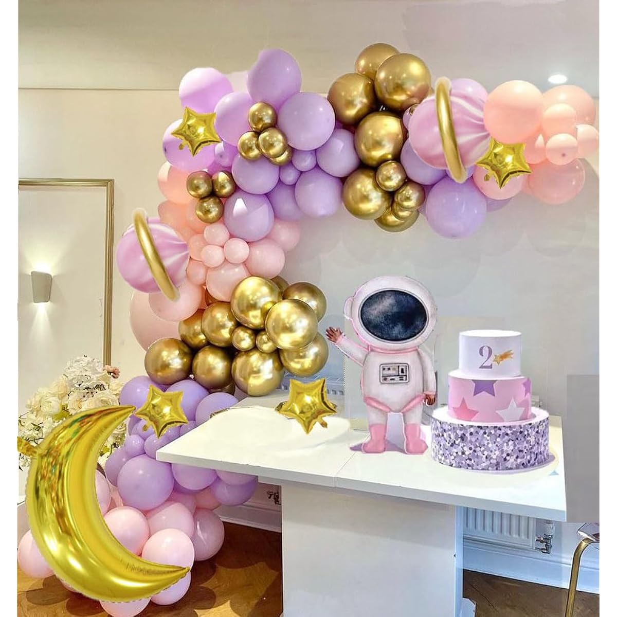 Two the Moon Balloon Arch Garland | Girls Space Party Decoration Moon and Stars Foil Balloon | Pastel Pink Purple Balloon Twinkling Little Star Supplies