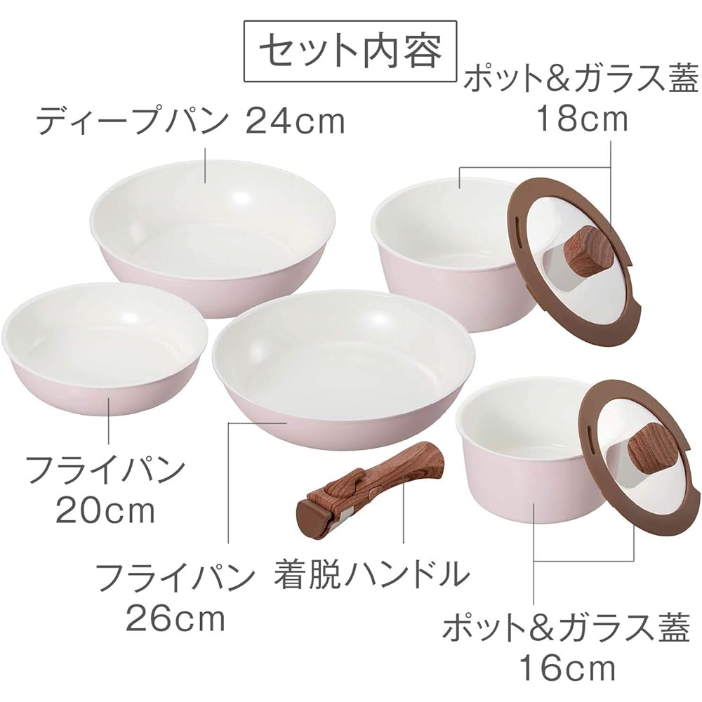Bestco Frying Pan 8 Piece Set Sakura Pink Cerati Ceramic One Handle Compatible with IH with Removable Handle ND-8186