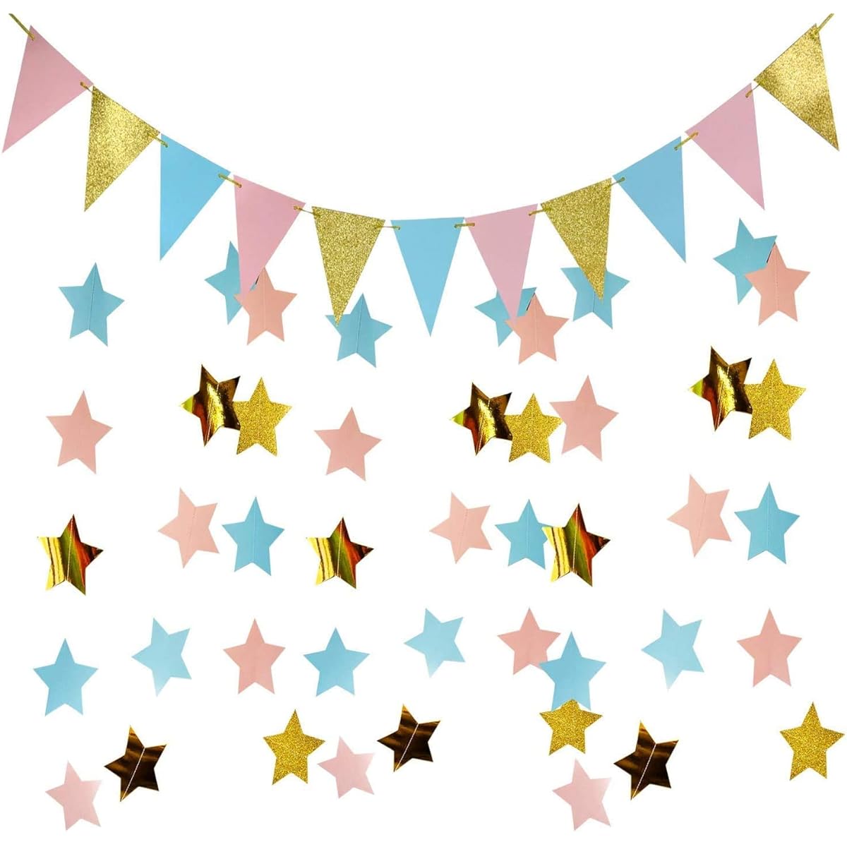 Furuix Gender Reveal Party Decorations, 2 Pieces Glitter Pink Blue Gold Paper Star Garland with 1 Pack Triangle Banner, Baby Shower Decorations/For Boys or Girls, Gender Reveal Party Supplies