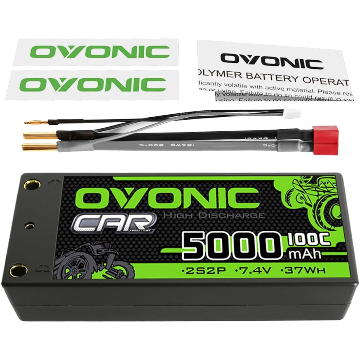 OVONIC 2S Short Lipo Battery 100C 5000mAh 7.4V Lipo Battery 4mm Brett Dean Style T Connector for 1/8 1/10 RC Car Truck Boat Vehicle [9.5cm Depth x 1.88" Width x 1" Height]