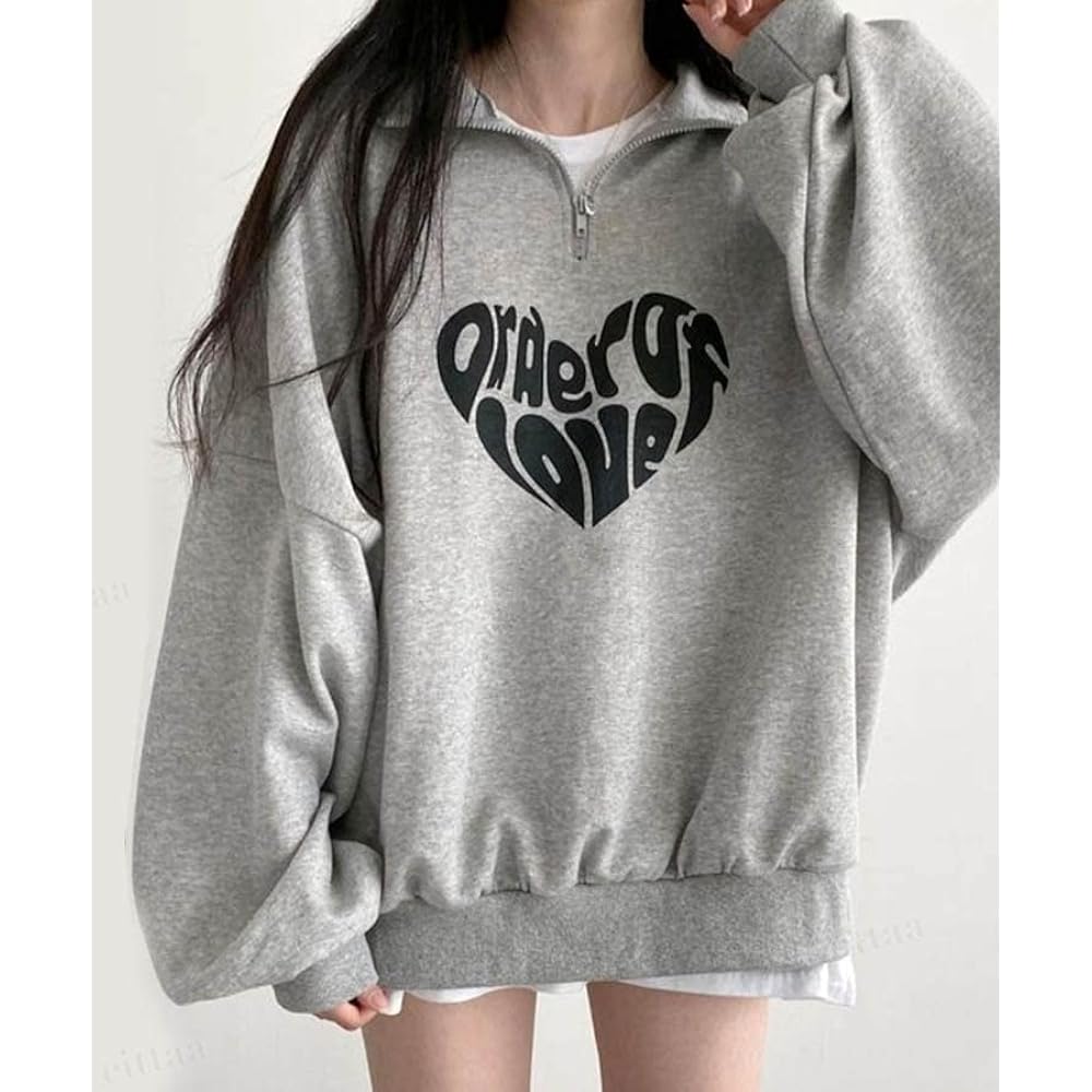 [MIRA MARIV] Korean Fashion Women's Made in Korea and Directly Imported from Korea Sweatshirt Sweatshirt Women's Loose Loose Fleece Fleece Autumn/Winter LOVE Logo Half Zip Dolman Sleeve Sweatshirt