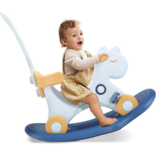 4 in 1 Rocking Horse Toddler 1-3 Years Old Balance Bike Ride-On Toy Push Handle Backrest Balance Board for Baby Girls Boys Unicorn Kids Horse Riding Birthday (Blue)