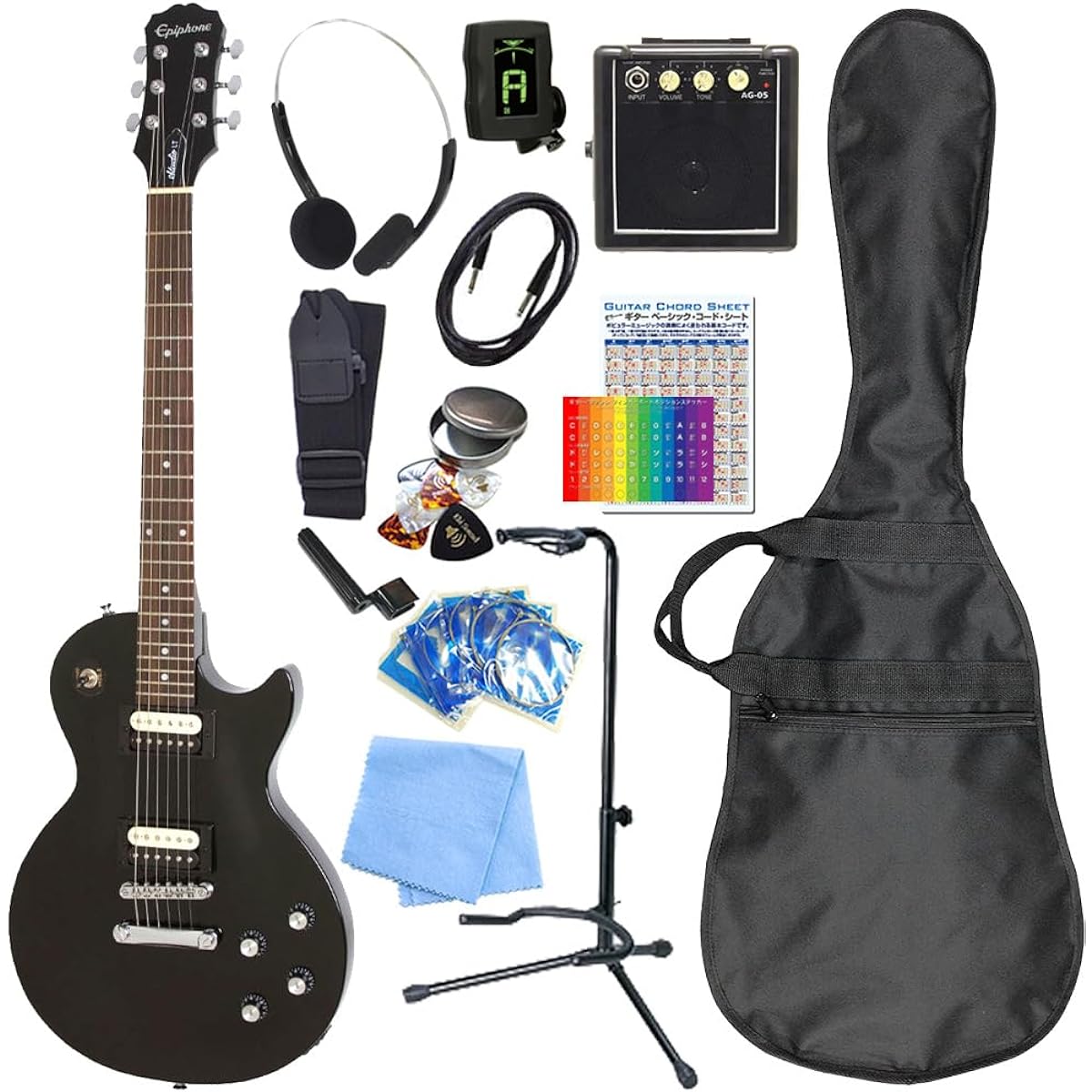 Epiphone Les Paul Studio LT E1 EB Electric Guitar, Beginner's, Mini Amp Included, 15-Piece Set [98765]