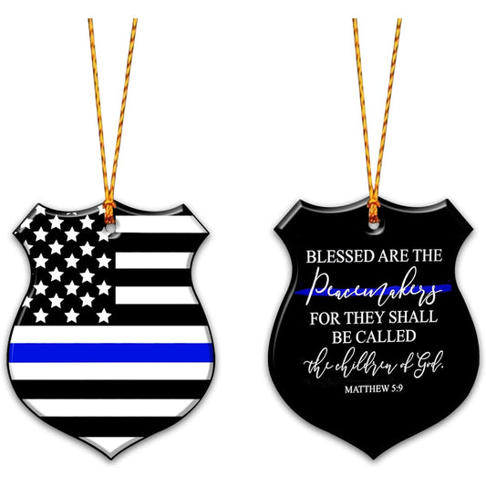 WODORO Police Badge Christmas Wooden Ornament, American Flag Thin Blue Line Ornament, Police Officer Hanging Ornament, Police Officer Christmas Tree Decoration, Police Gifts for Men and Husband