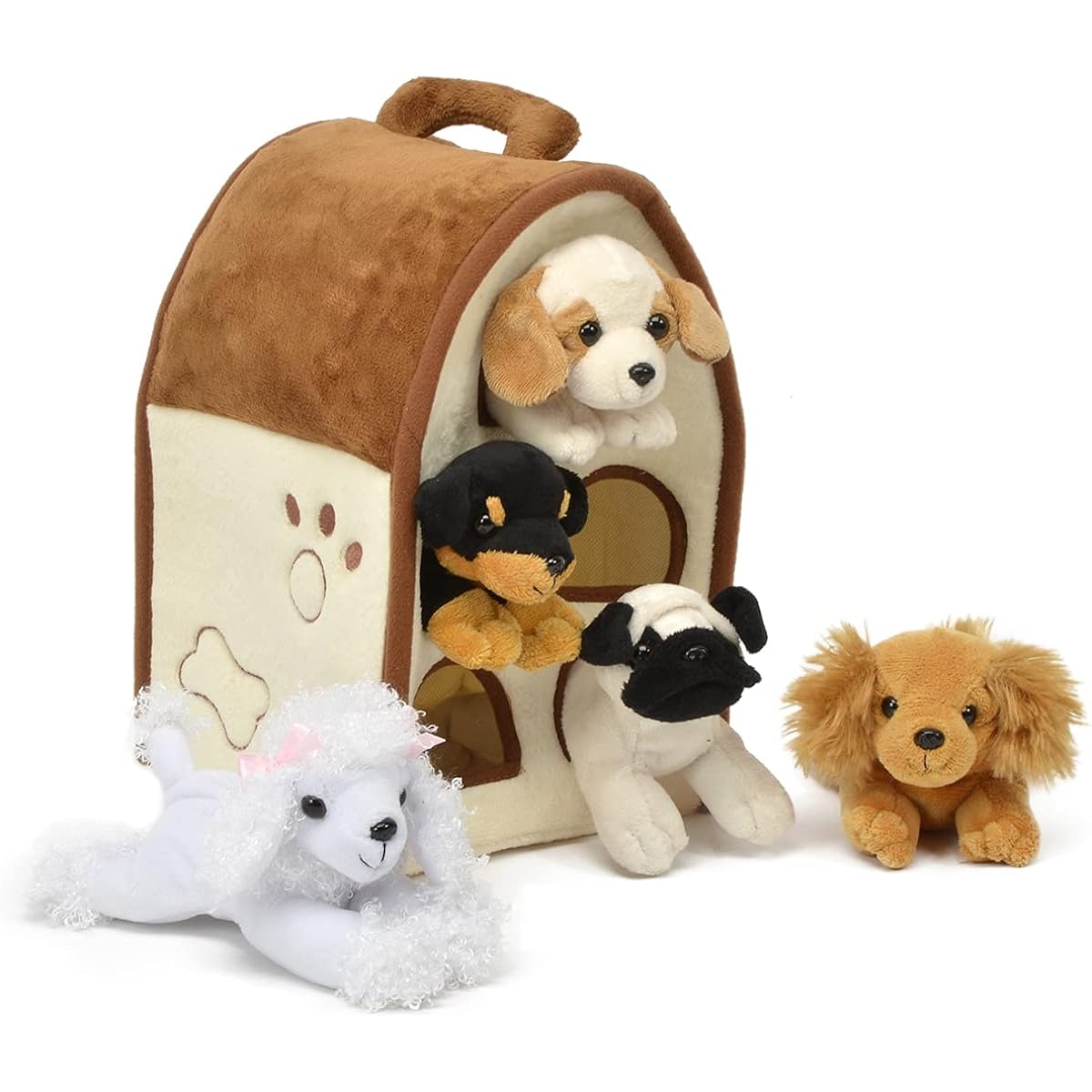 Unipak 7166DO-HL Plush Dog House 5 Stuffed Animals (Brown Eared Spaniel, Bulldog, White Poodle, Brown Spaniel, Rottweiler)
