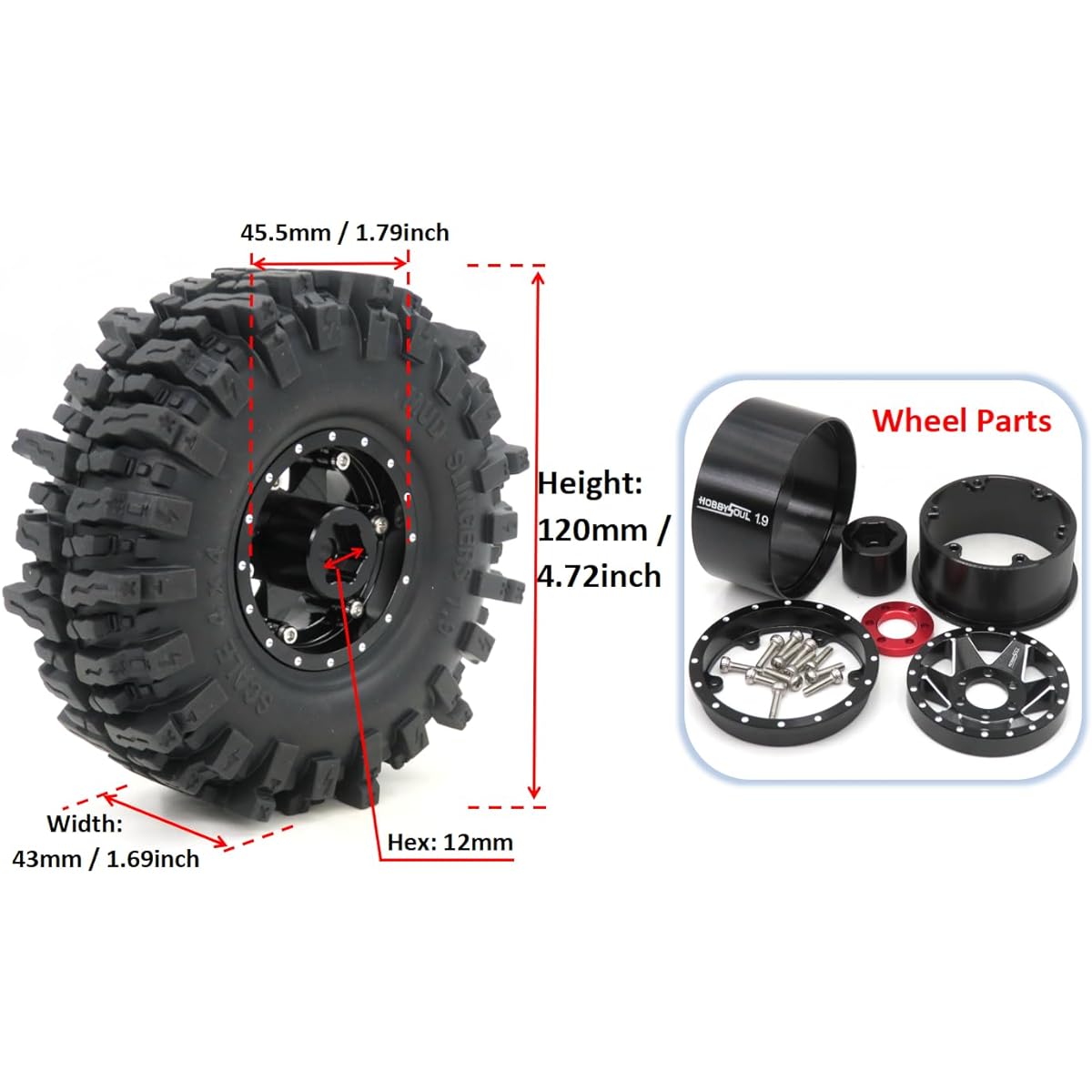 HOBBYSOUL RC 1.9 Mudslinger Tires 120mm Tall Tires & Aluminum 1.9 Beadlock Wheels Adjustable 4 Offset Black Rims 6 Spokes 1:10 Crawler for TRX4 SCX10 Gen8 (4 Pack)