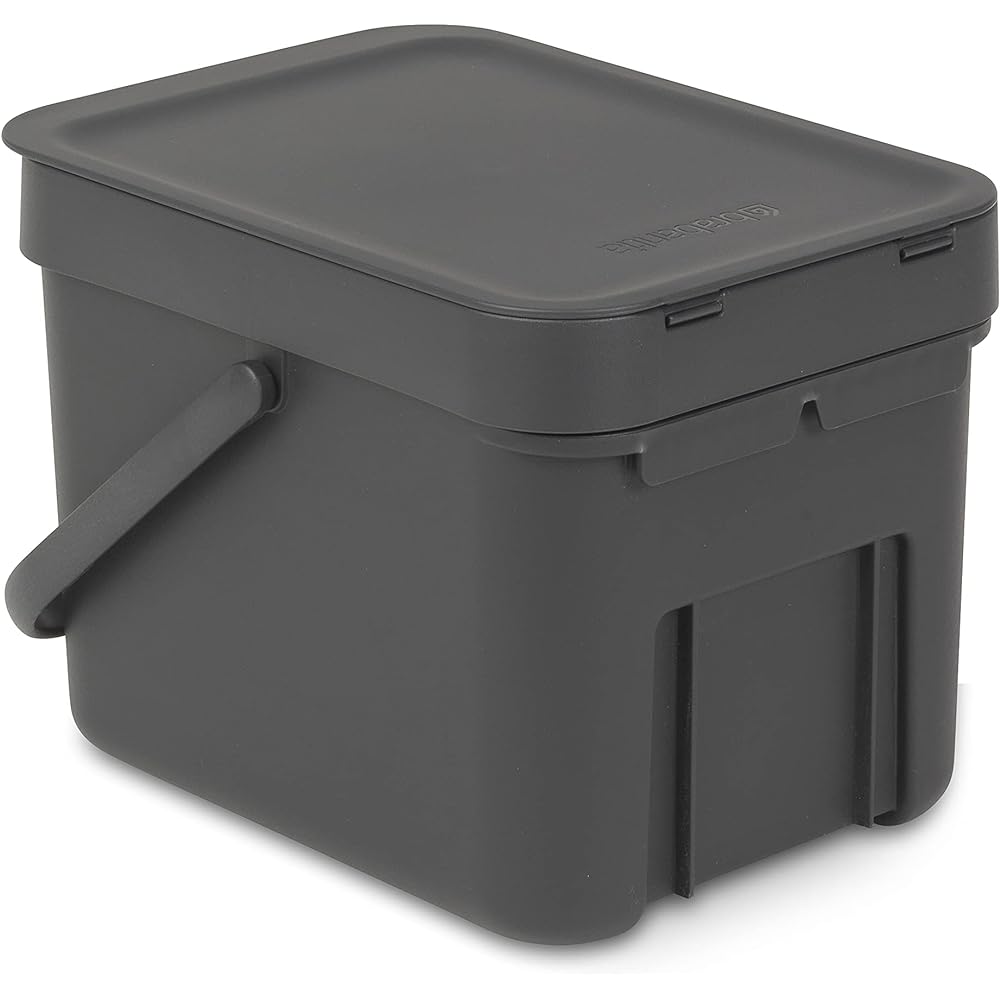 Brabantia Trash Can with Lid Manual 6L Lightweight Compact Width 20 x Depth 24.9 x Height 18.1cm Made in Belgium Sort & Go Waste Bin Gray 10972-0