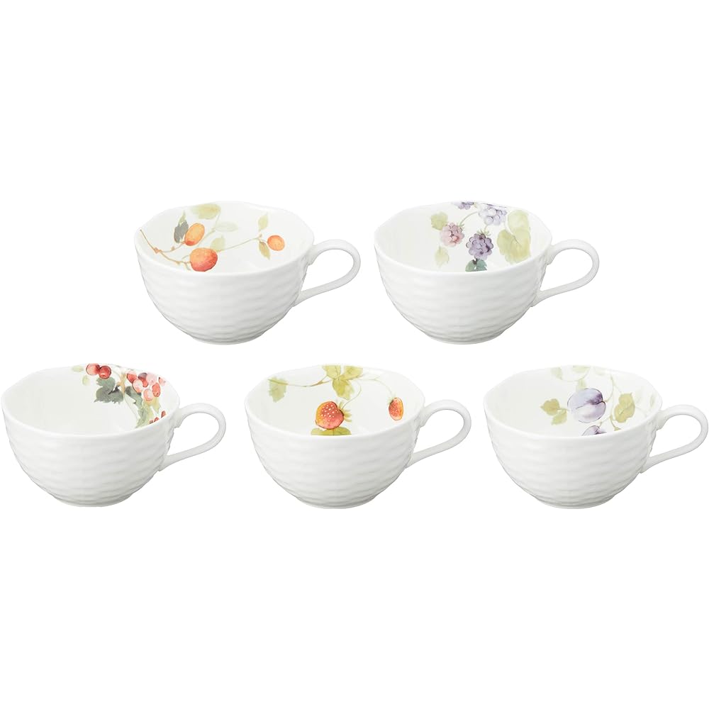 NARUMI Cup Saucer Set, Lucy Garden 210cc, Berry Pattern, 5 Pattern Set, Cute, Stylish, Relief, Tea, Coffee, Microwave Warming, Dishwasher Safe, Gift Box Included 96010-23067P