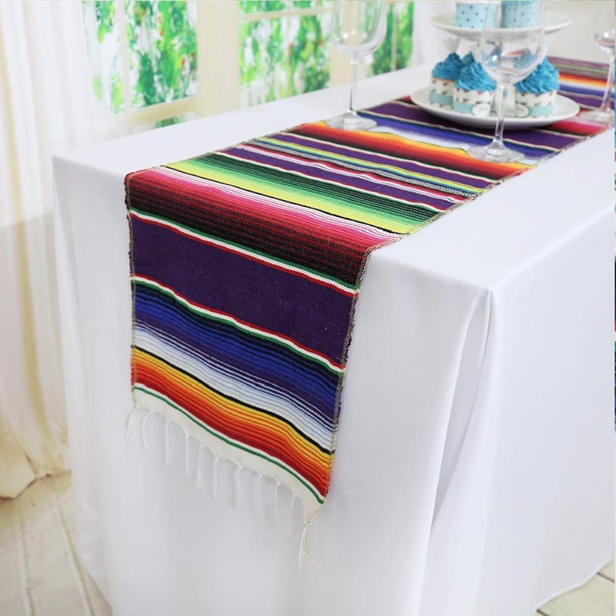 TRLYC Table Runner 12"x108" Mexican Serape Colorful Striped Wedding Party 12x108 Dk 14X84 Mexican Runner 20PCS
