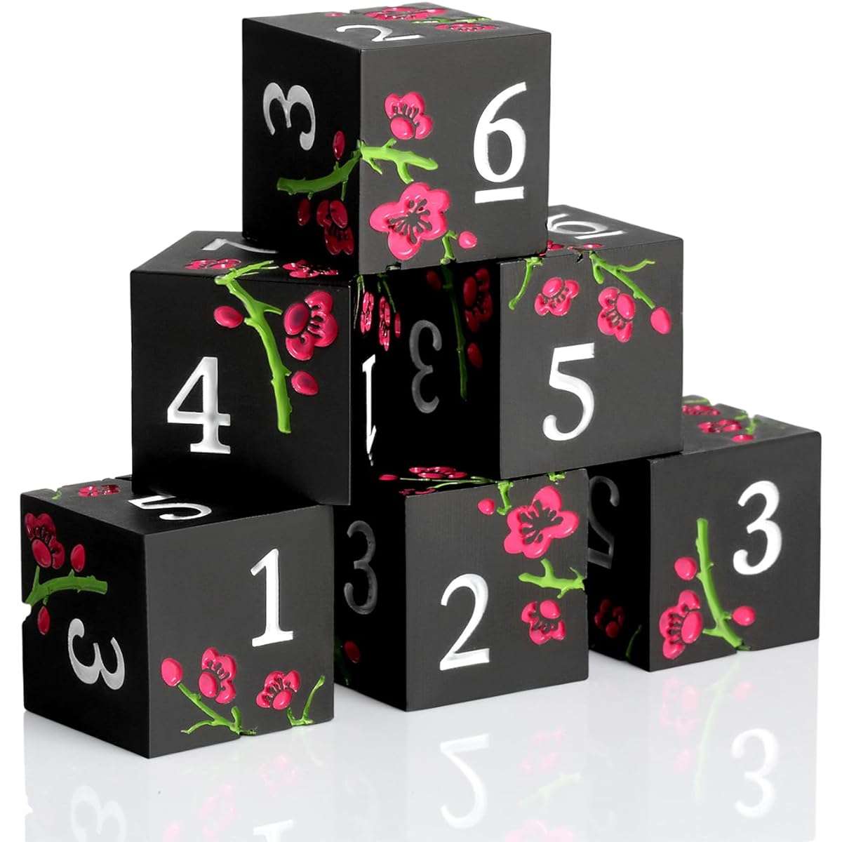 DNDND D6 Flower Metal Dice 6 Sided Zinc Dice with Black Velvet Bag for DND Pathfinder Shadowrun or GURP (Pink Flowers and Black)
