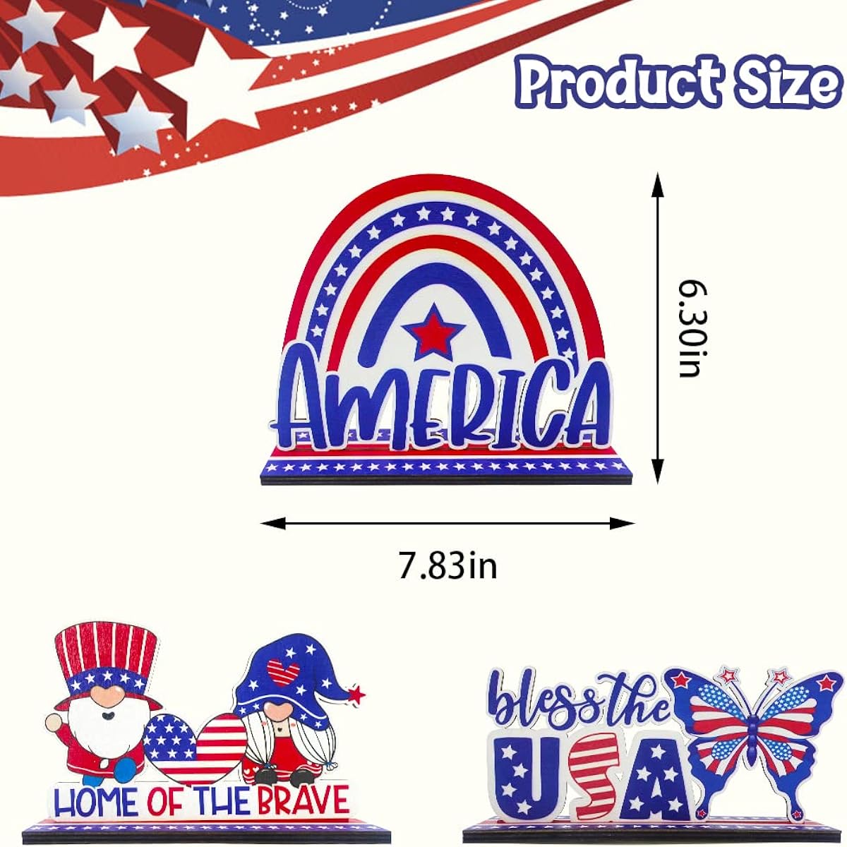 3 Piece Patriotic Table Decor Centerpiece Sign 4th of July Gnomes Ornament Bless America Wooden Decor Memorial Day Patriotic Party Dinner Coffee Table Topper Independence Day Decorations
