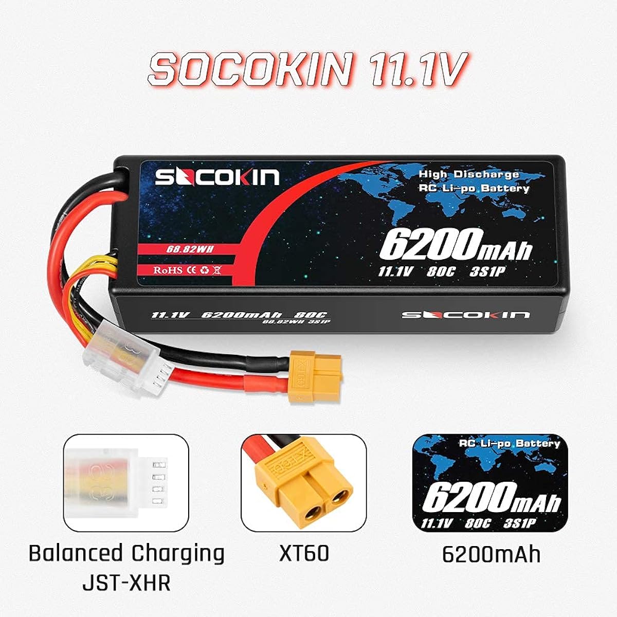 Socokin 3S Lipo Battery 11.1V 6200mAh 80C Hard Case XT60 Plug for RC Racing Truck RC Boat RC Racing Car Racing RC Heli Airplane Toys (2 Pack)