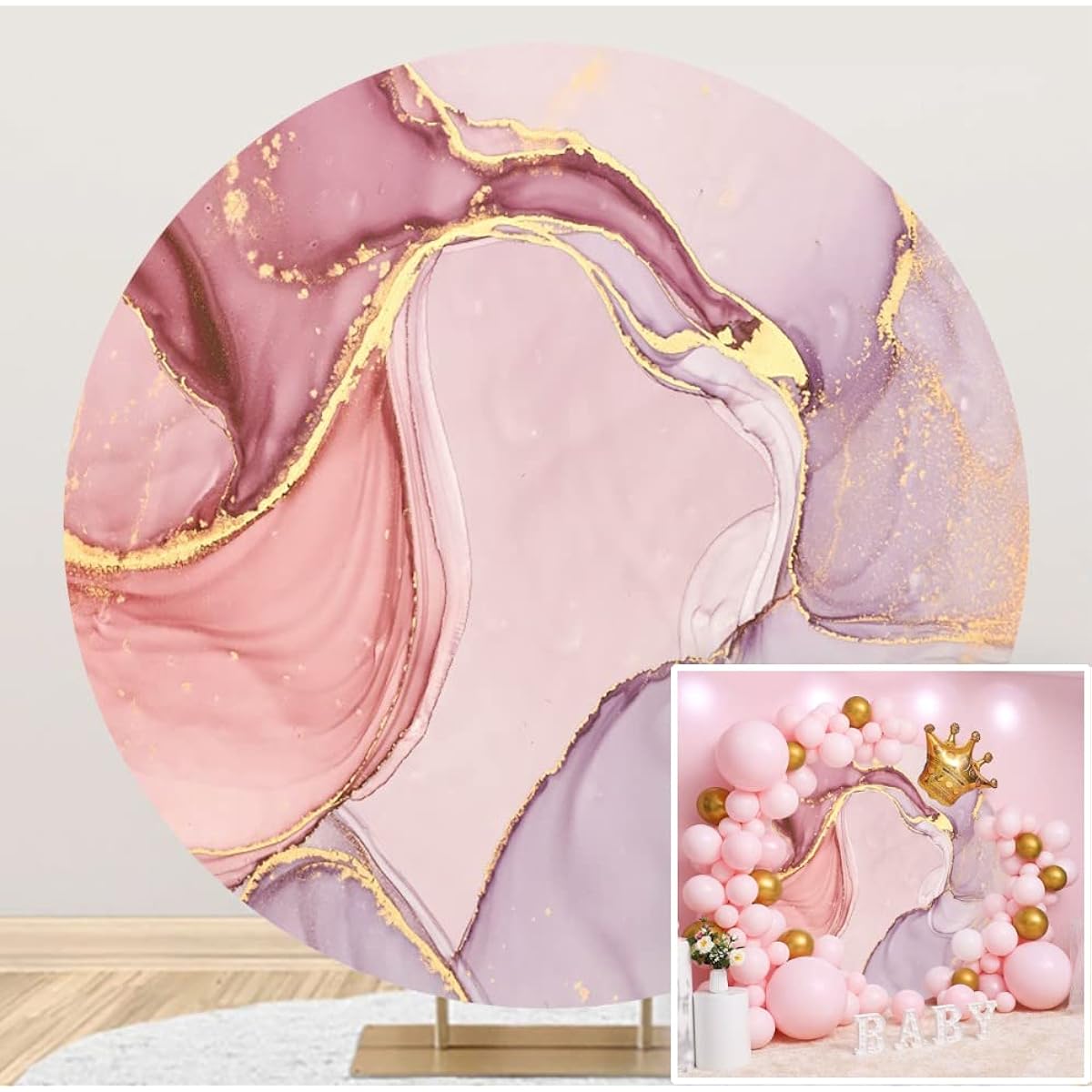 Canessioa 6.6 x 6.6ft Pink Marble Round Background Polyester Abstract Pink Marble Golden Glitter Crack Round Photo Backdrop Girls Baby Shower Birthday Party Banner Bridal Shower Wedding Backdrop