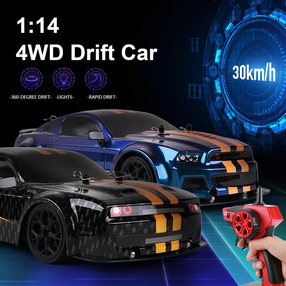 Apawband RC Drift Car 1/14 Scale RC Car RTR Remote Control Race Car Gift Toy Boys Kids 4WD 30KM/H RC Vehicle with LED Light Drift Tire Racing Tire