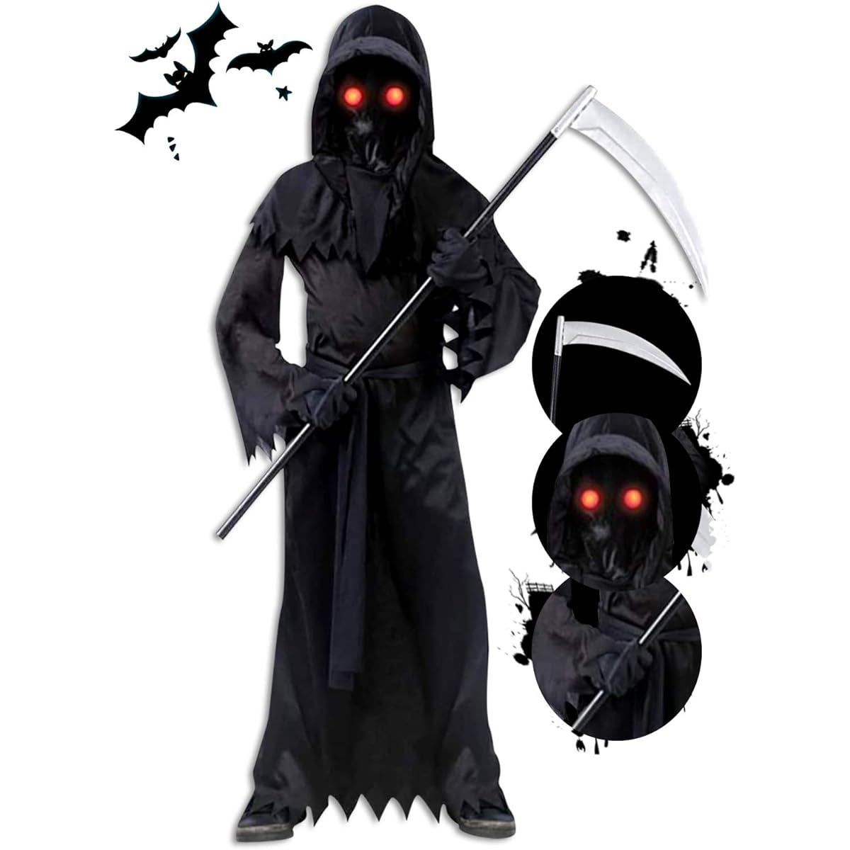AnNido Grim Reaper Halloween Costume for Kids, Scream Costume with Glowing Eyes for Boys and Girls