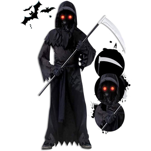 AnNido Grim Reaper Halloween Costume for Kids, Scream Costume with Glowing Eyes for Boys and Girls
