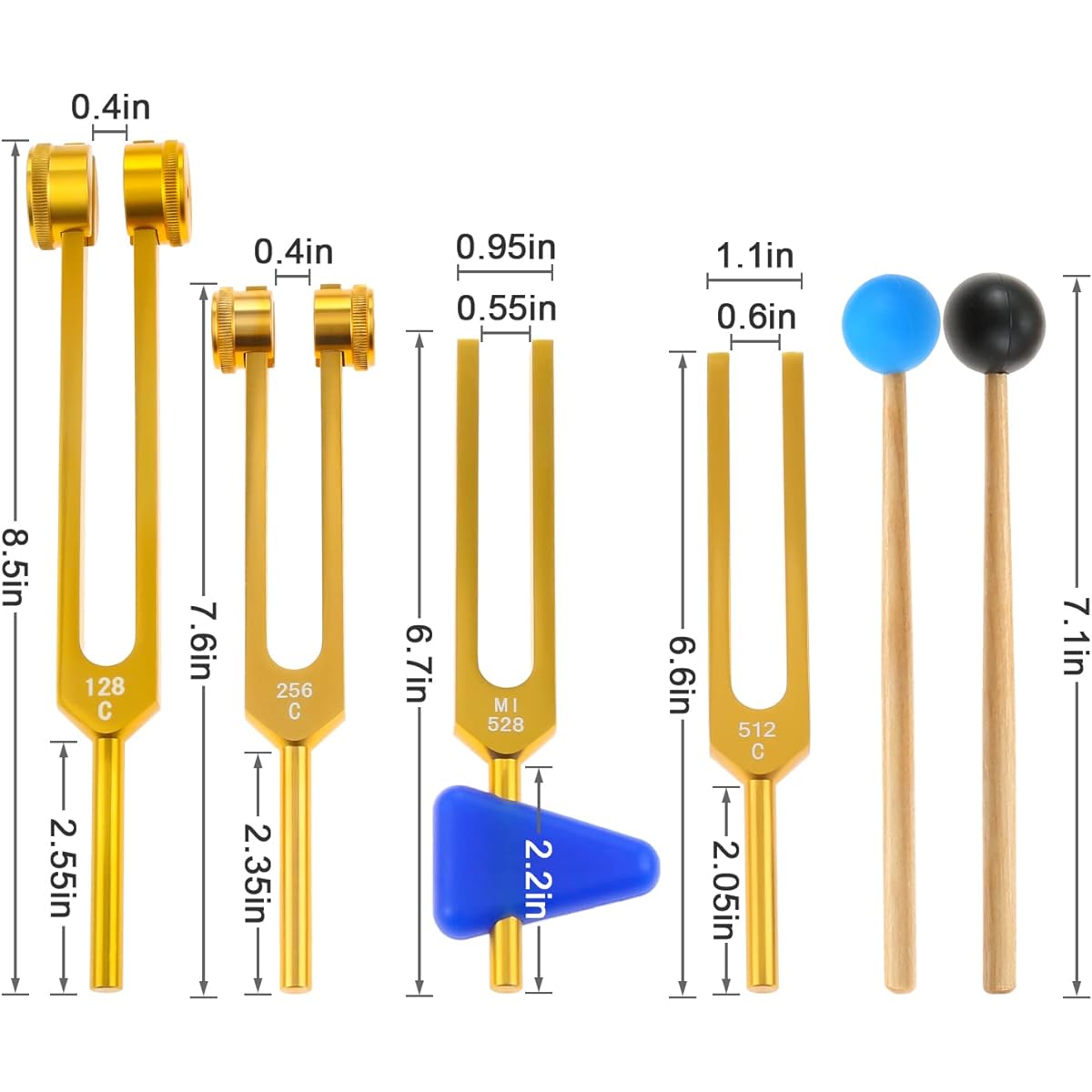 ETERMETA Tuning Fork Set (128Hz, 256Hz, 512Hz, MI528) Tuning Fork Chakra DNA Repair Healing, Sound Healing, Hammer, Triangular Silica Gel, Storage Bag, Cleaning Cloth (Gold) 4 Pack