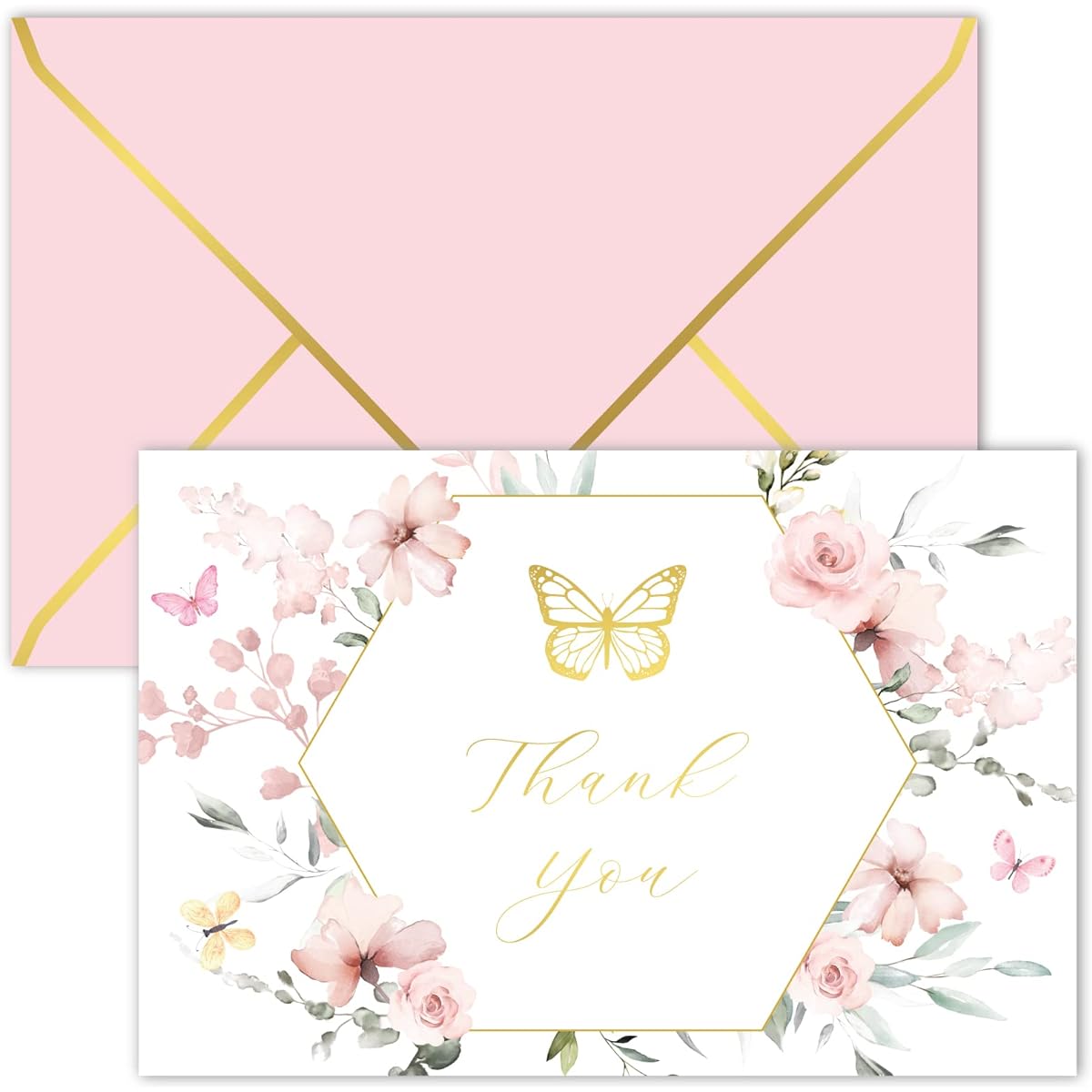 Gooji 4x6 Inch Butterfly Dream Thank You Cards with Envelopes (Bulk Pack of 20) Baby Shower Thank You Cards for Girls Bridal Shower Thank You Cards with Envelopes Wedding Greetings Blank Note Business Box Stationery Pink Flower