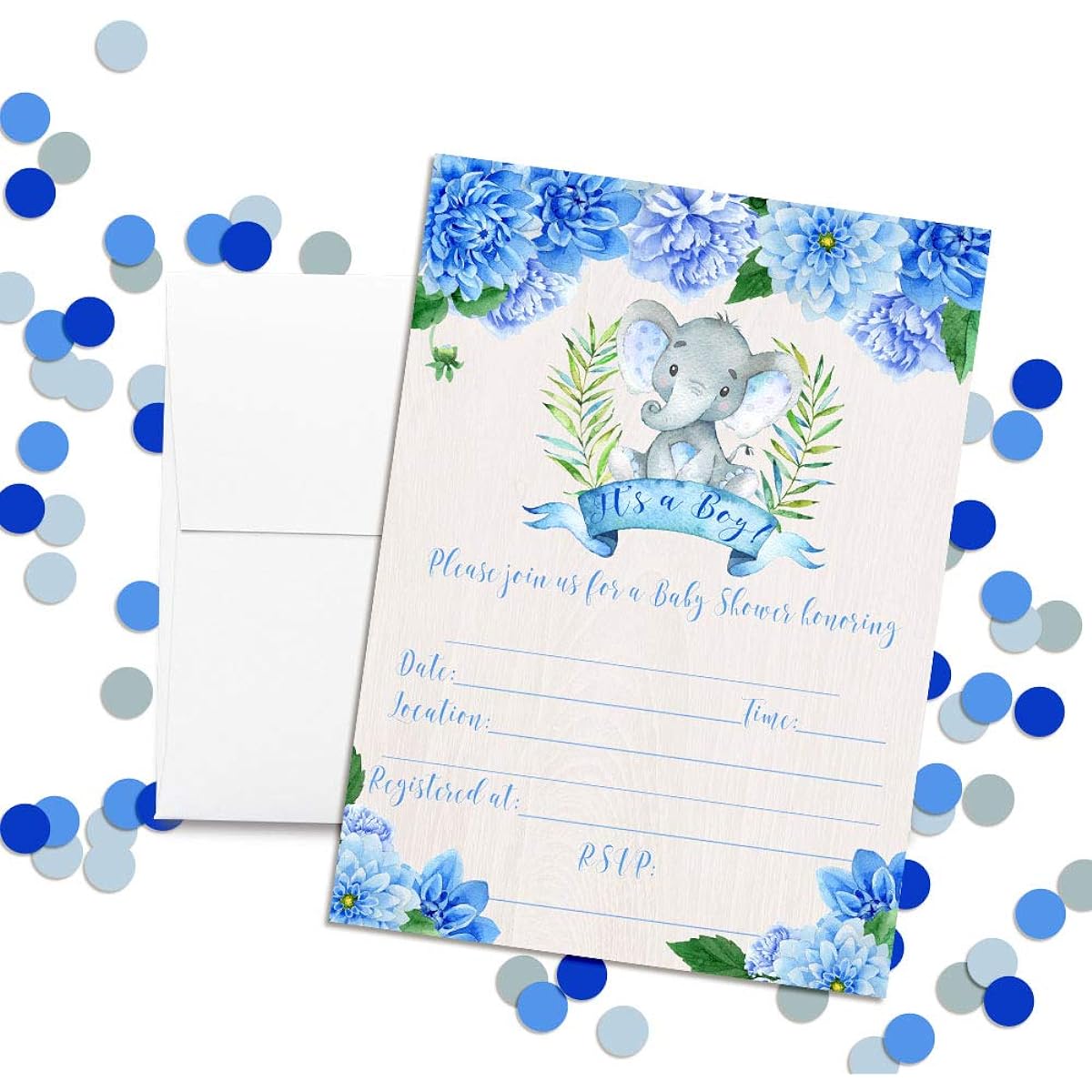 AmandaCreation Watercolor Dahlia Floral Elephant Themed Sprinkle Shower Invitation for Boys 5"x7" Includes 20 Cards of 20 and 20 White Envelopes