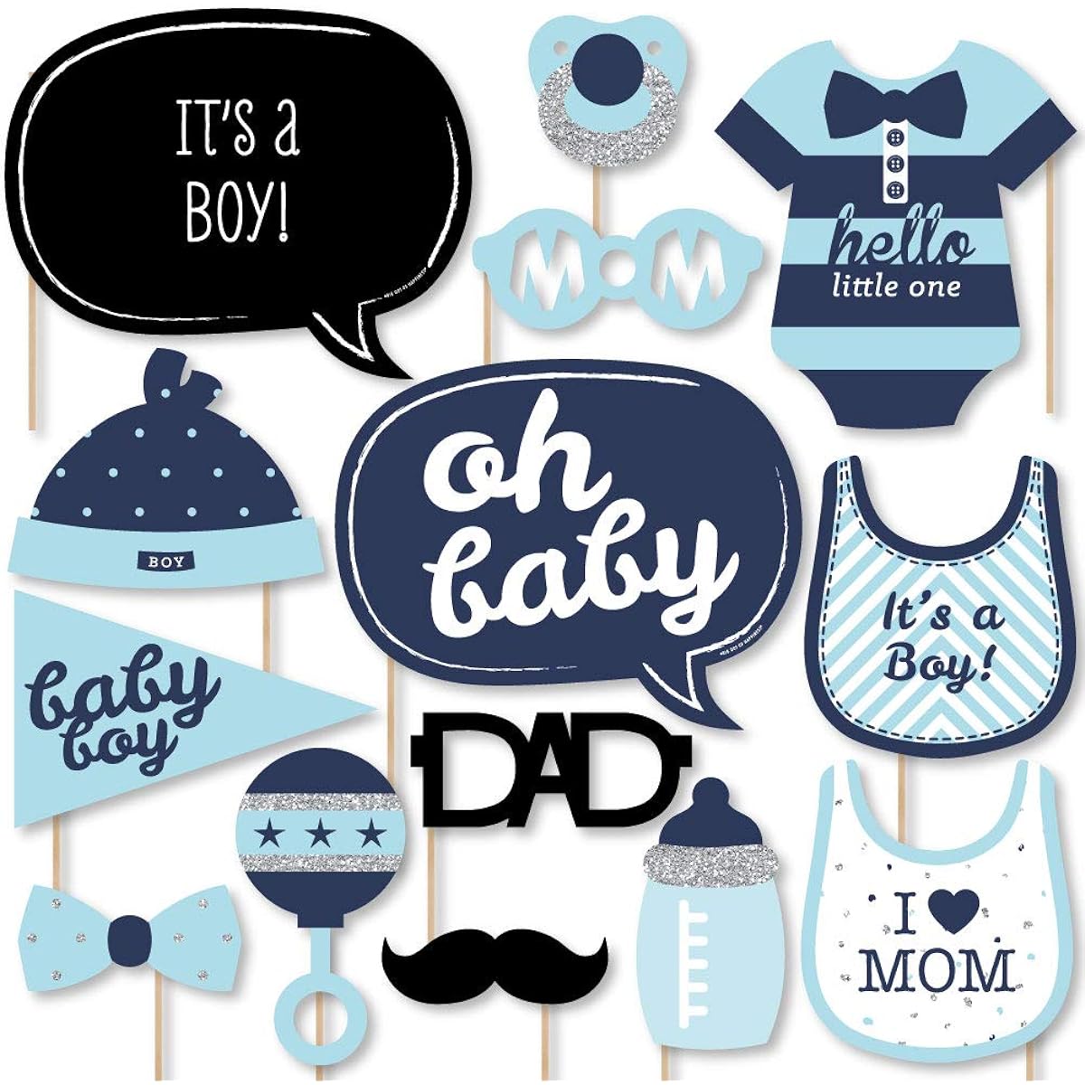 Hello Little One - Blue and Silver - Boy Baby Shower Photo Booth Props Kit - 20 Count