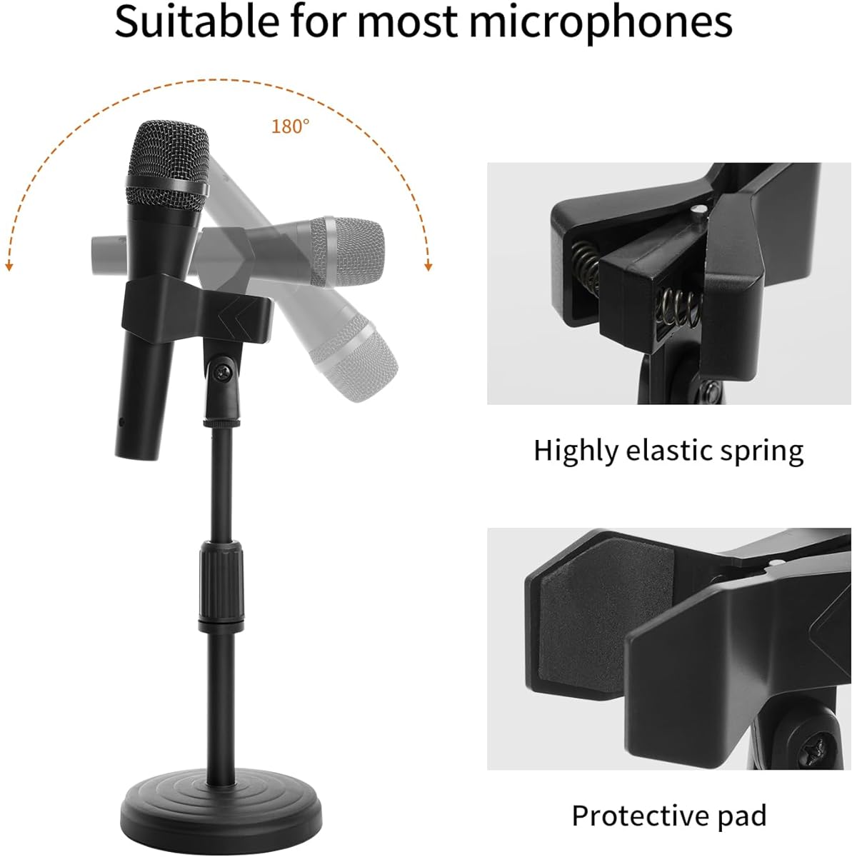 Desk Microphone Stand - Upgraded Adjustable Table Microphone Stand with Mic Clip Fits Microphones up to 1.7" Diameter - Height 9.6" to 13.9"