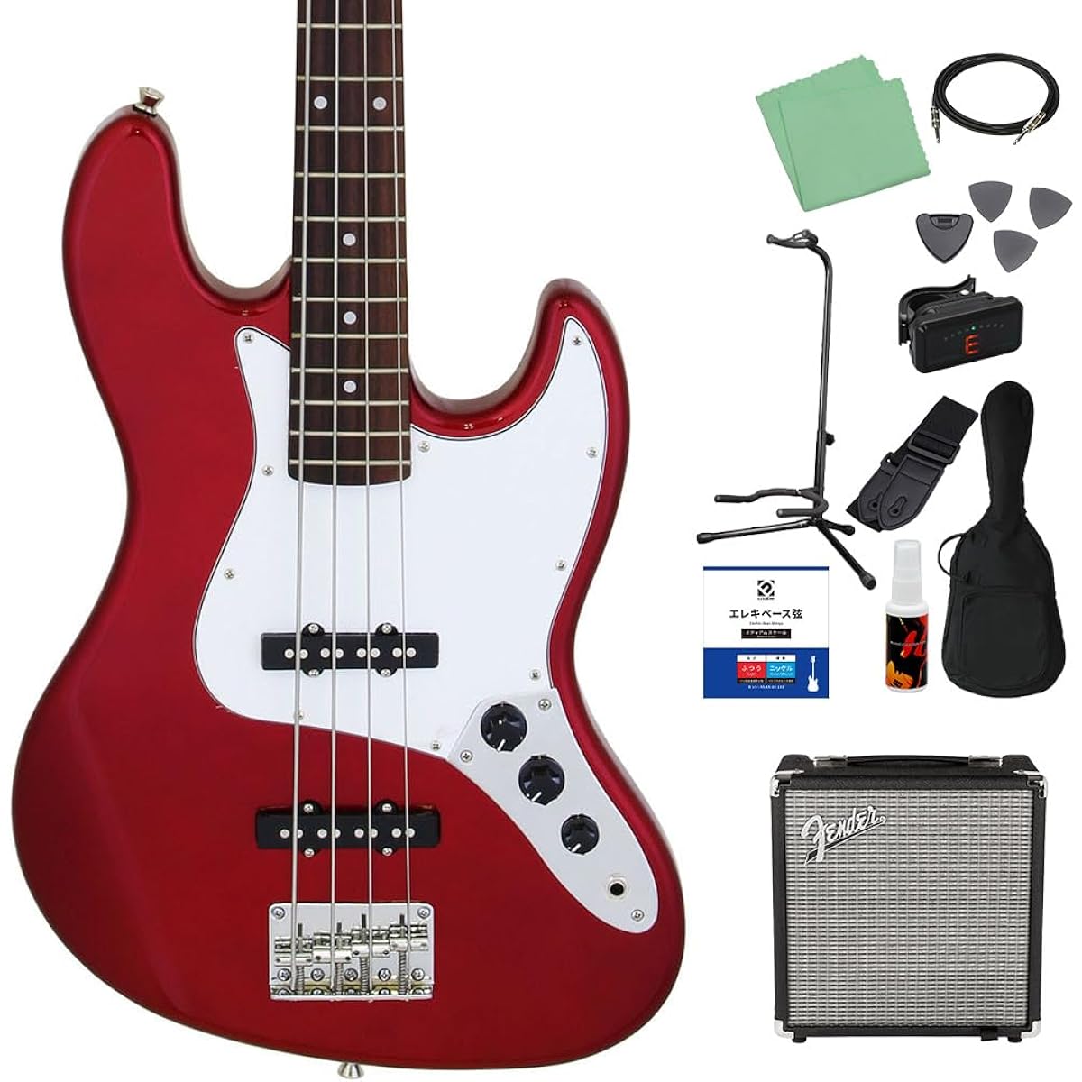LEGEND LJB-Z Candy Apple Red Bass Beginner 12-piece Set [Fender Amplifier Included] Jazz Bass Type Legend