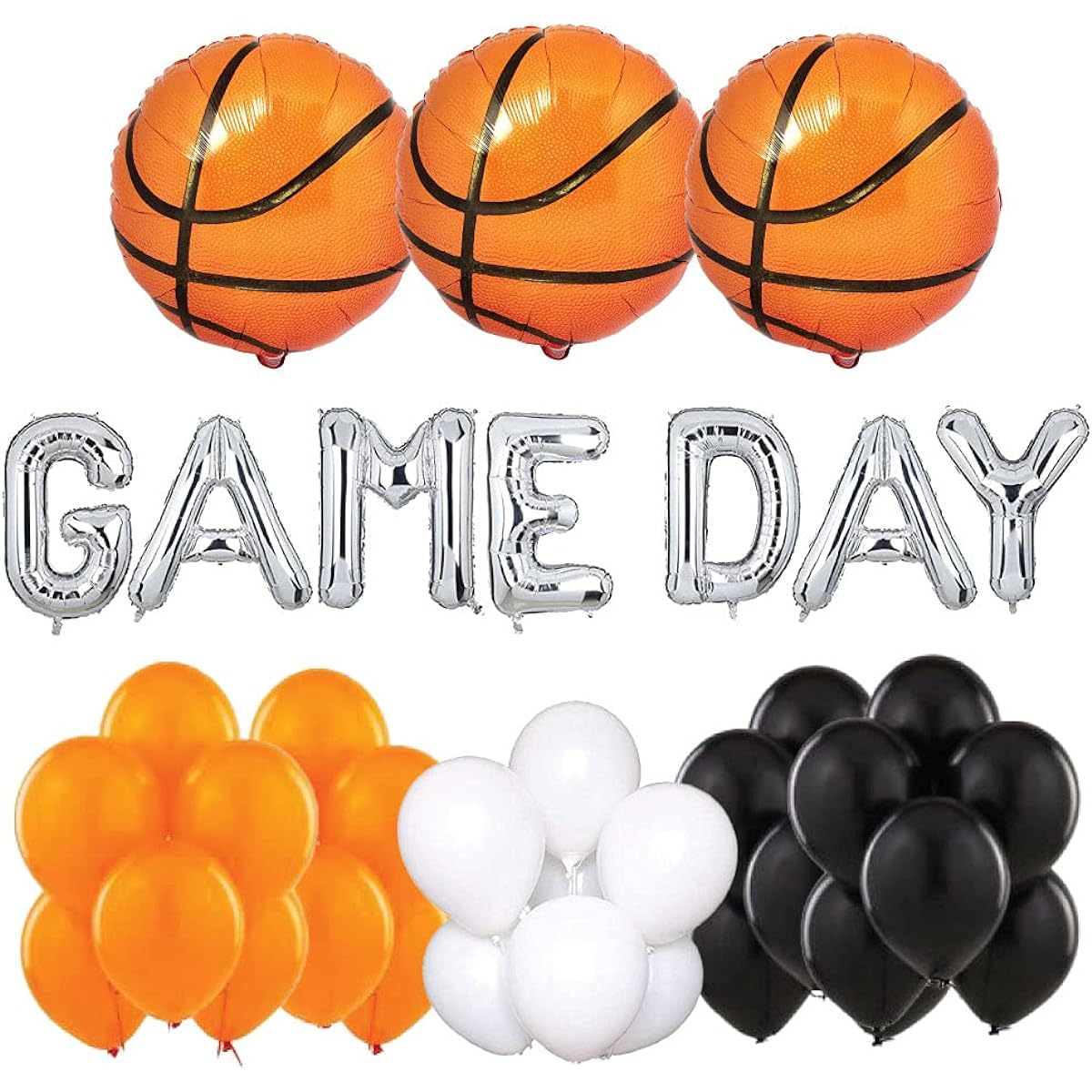 Hall & Perry Game Day Basketball Balloon Kit with Mylar Letters, Basketballs and Latex Black, Orange and White Balloons