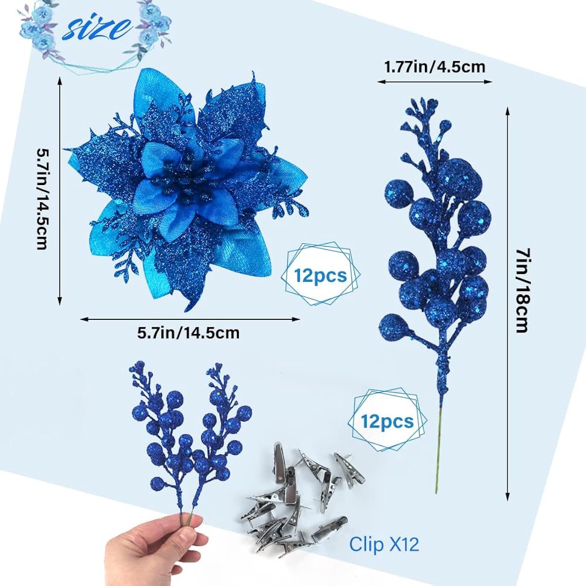 Rainmae 12pcs 5.5inch Christmas Artificial Flower Berry Stems, 12pcs Royal Blue Glitter Poinsettia Flower Decorations for Christmas Tree Ornaments Christmas Wreath DIY Garland Ornaments Wedding Party