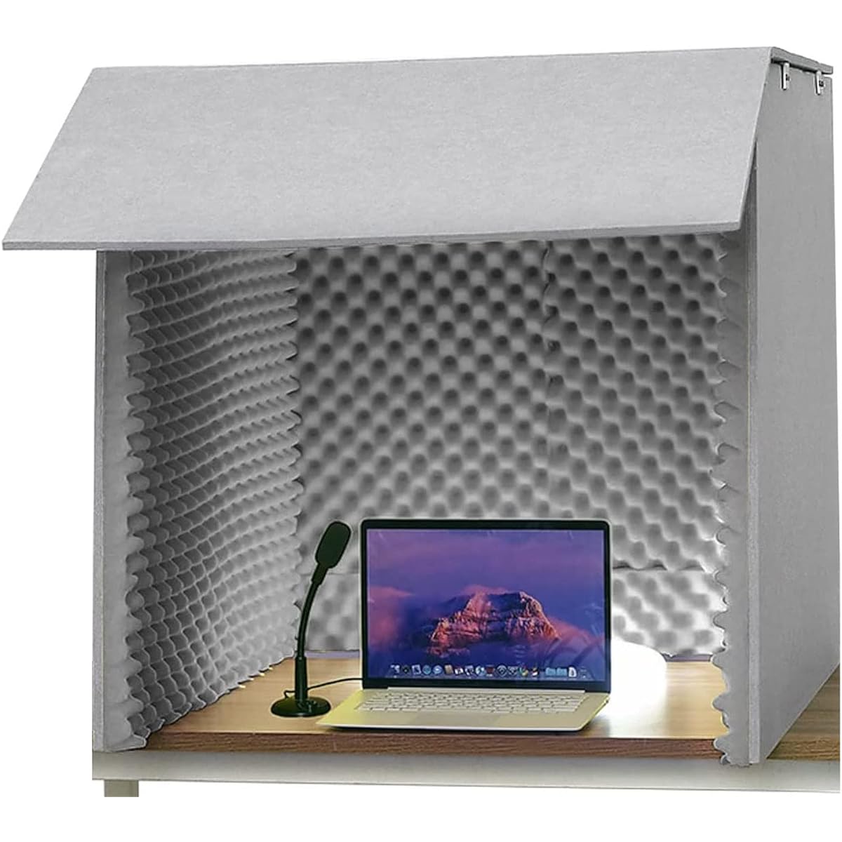 meetings and live performances, for announcers, soundproof booth, tabletop panel, soundproof box, partition, soundproof booth, home, with top plate, folding, assembled, ideal as a simple soundproof room, soundproof wall, soundproof sheet, LED lamp (gray)