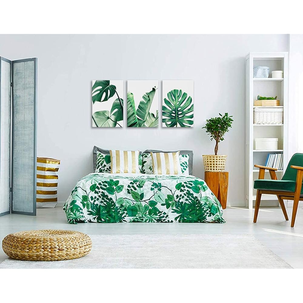 Art Panel Green Leaves Plant Painting Green Plant Decoration Landscape Photo Feng Shui Entrance Good Luck Feng Shui Painting Good Luck Painting Bath Painting Finished Product with Wooden Frame (40x60cmx3Pcs)
