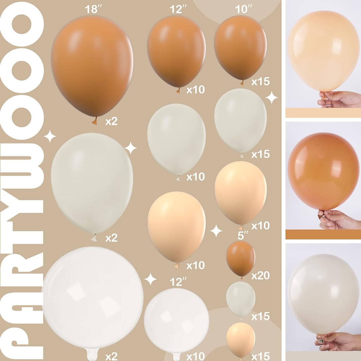 PartyWoo 140pcs Brown Balloon Garland Kit,Brown Balloon Pack,Nude Balloons,Sand White Balloons,Peach Balloons for Birthday Decorations,Baby Shower Decorations,Wedding Decorations