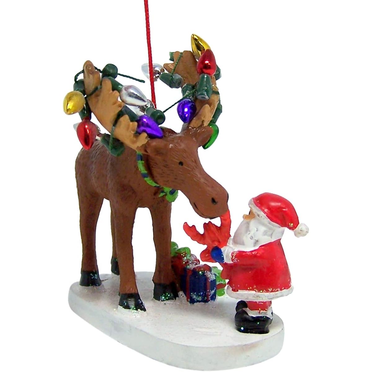Resin Santa Claus Lobster Feeding Moose Festive Christmas Tree Ornament 3 1/4 Inch