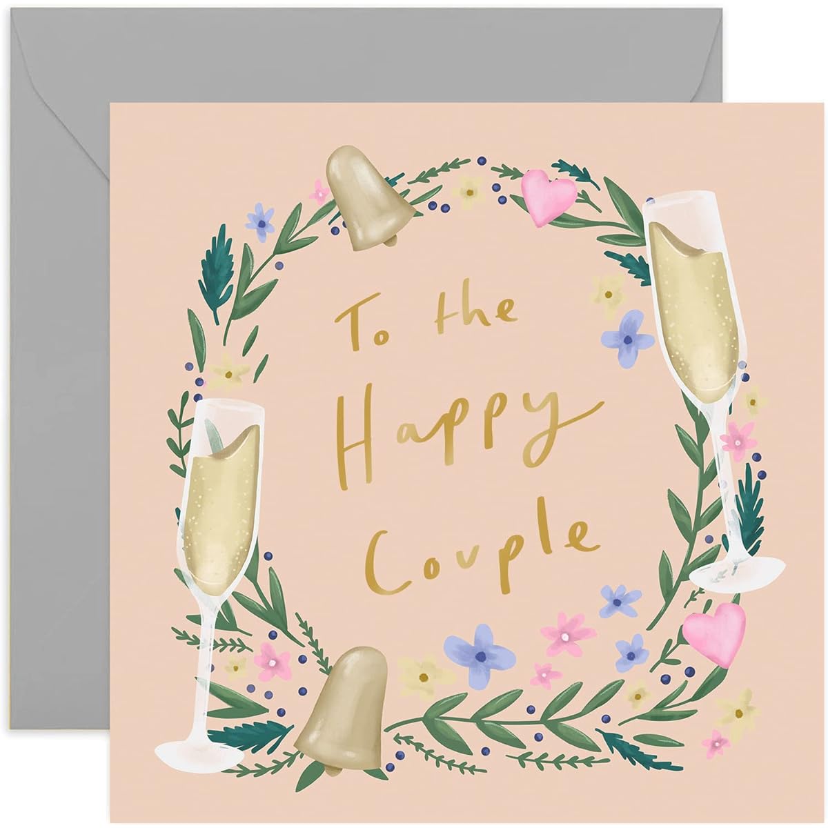Old English Co. Floral Happy Couple Wedding Card - Gold Foil Special Engagement Wedding Celebration Card for Bride and Groom | Includes Blank Inside & Envelope