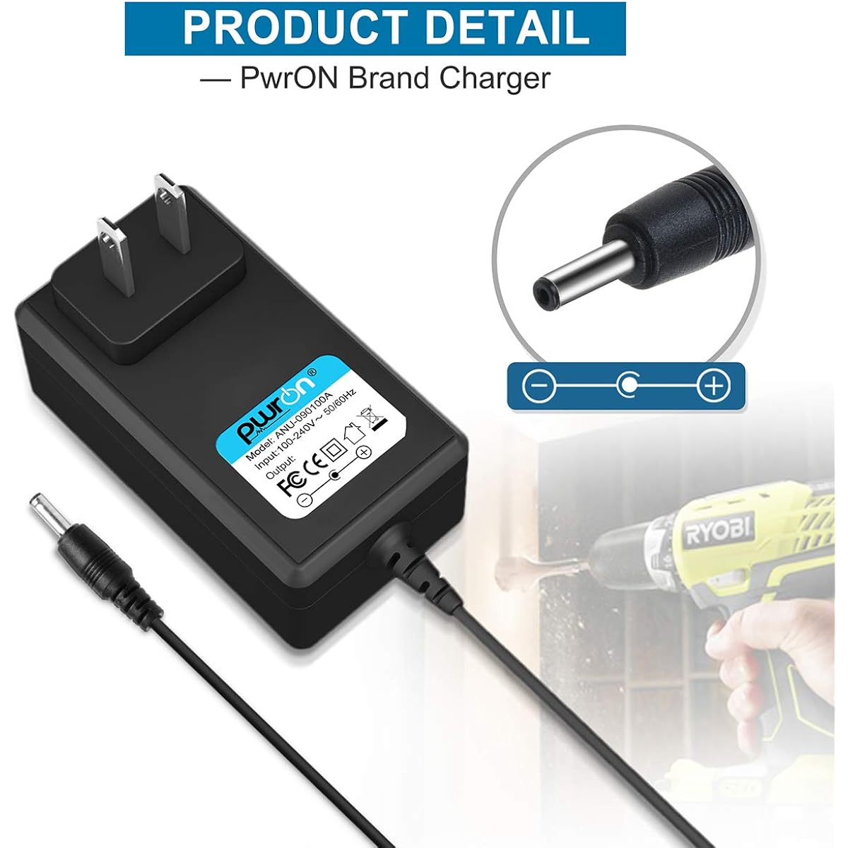 PwrON 6.6ft 9V AC to DC Adapter Ryobi HP108L 8 Volt Lithium Ion Cordless Kit Drill Driver ZRHP108L SA721 Ryobi CH124 720391002 Class 2 Power Cord