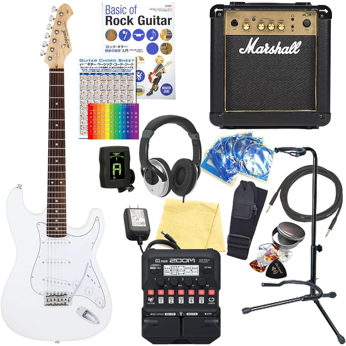 Electric Guitar Beginner Set Stratocaster Type 18-piece Set with Marshall Amplifier Legend LST-Z WH [ZOOM G1Four Multi-Effects Included]