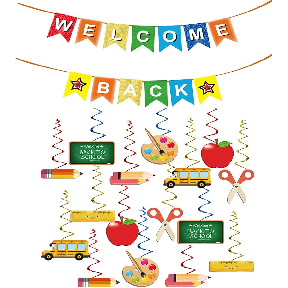 Welcome Back Banner Hanging Swirl Party Decorations 33 Pieces Back to School Banner Ceiling Decor First Day of School Office Classroom Door Decorations Party Supplies