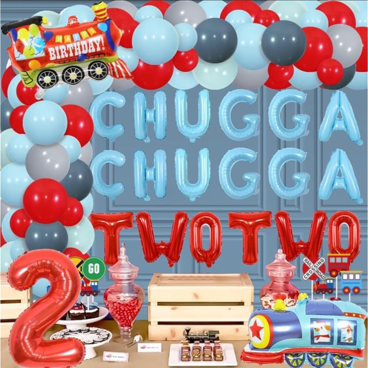 2nd Birthday Party Decorations Chugga Chugga Two Two Birthday Party Decorations Foil Balloons Red Blue Grey Balloon Garland Kit Number 2 Train Foil Balloon for 2nd Birthday Party Boy Girl