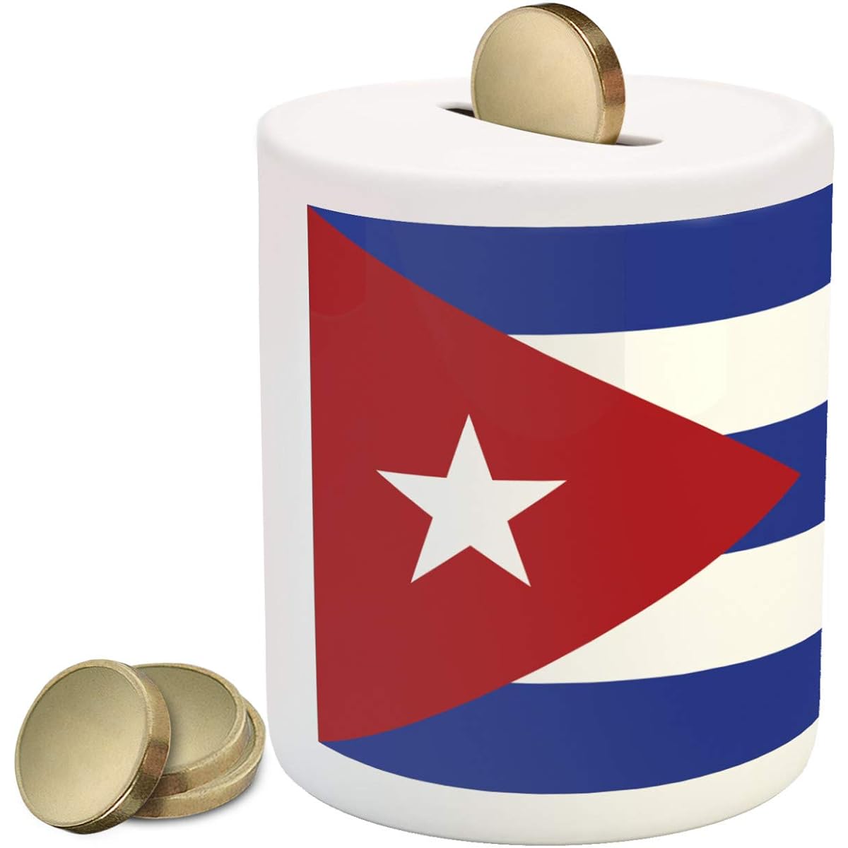 Lunarable Cuban Piggy Bank, Simple Design, Symbolic Items of the Flag and Stars, Ceramic Coin Bank, Piggy Bank, 3.6" x 3.2", Blue White, Vermilion