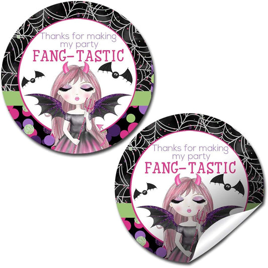 AmandaCreation Fantastic Vampire Girl Halloween Birthday Thank You Curly Labels - 40 2" Party Circle Stickers, Perfect for Party Favors, Envelope Seals & Goodie Bags