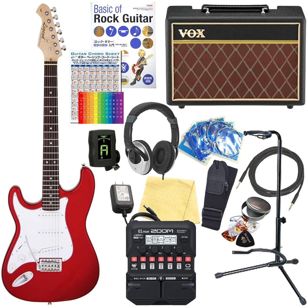 Electric guitar for left-handed beginners, Stratocaster type, 18-piece set with VOX amp, Legend LST-Z LH CA [ZOOM G1Four multi-effector included]