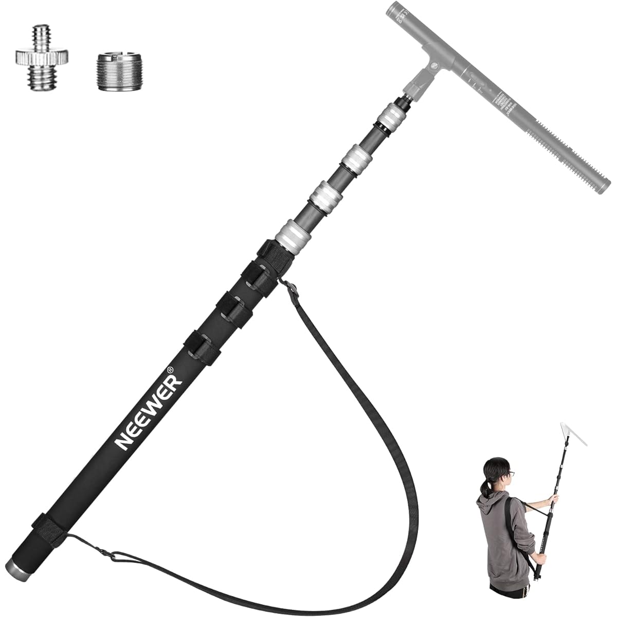 NEEWER Upgraded Microphone Boom Pole 9.8ft/300cm Telescoping Carbon Fiber Microphone Boom Arm 5 Sections 1/4" 3/8" 5/8" Thread Adapter Cable Strap Shoulder Strap Storage Bag MS-300C